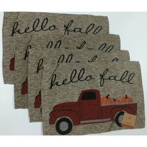 Set of 4 Hello Fall Red truck w pumpkins Autumn Tapestry Placemats 13 x 19 NWT